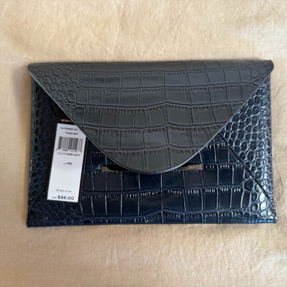 BCBG Harlow Crocodile Envelope Clutch in Dark Navy